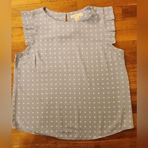 Monteau LA Light Blue & White Cap Sleeve Polka Dot Ruffled Sleeve Blouse Size XL